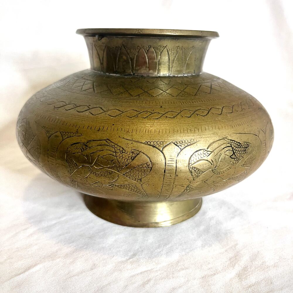 Indian Hand Etched Vintage Brass Holy Water Pot